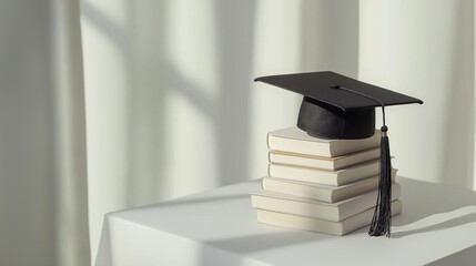 Graduation cap and books on table near curtain