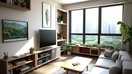 Sunlit modern living room with large , light-wood furniture, flat-screen TV, and potted plants creating a bright urban cityscape atmosphere
