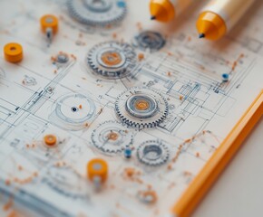 Fototapeta premium Abstract technical blueprint with gears and pens