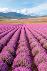 Fototapeta premium Rows of blooming lavender create a stunning visual display against the backdrop of rolling hills and a bright sky, showcasing the beauty of agricultural cultivation