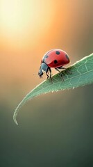 Fototapeta premium A ladybug rests on the edge of a green leaf, basking in the warm glow of a sunset amidst a tranquil garden landscape, showcasing nature's beauty