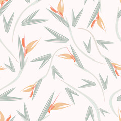 Naklejka premium Hand painted strelitzia or bird of paradise flowers as a minimalist floral pattern in colors of orange, cream, gray on off white background. Great for home decor, fabric, wallpaper, gift wrap, packing