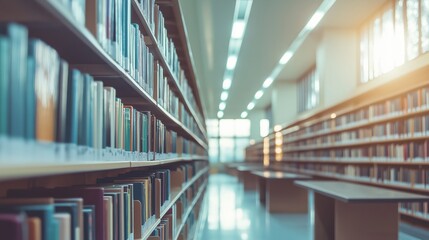 Perspective aisle in library with glowing ceiling lights