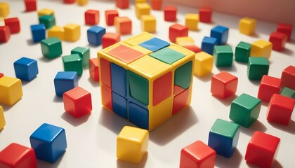 Obraz premium Empty label on the packaging of children's plastic toys. Children's plastic toys. Logic sorter cube with plastic geometric shapes