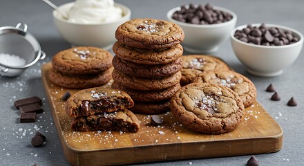 Fototapeta premium Chocolate Chunk Cookies: Rustic Stack, Sea Salt, Warm Mood