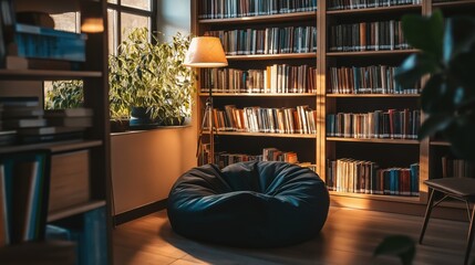 Dark cozy nook with books and black bean bag chair