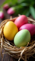 Vibrant dyed eggs nestled in straw, spring colors, rabbit, nature