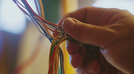 Electrician installing electrical wires in a home. Featuring electrical work and wiring installation