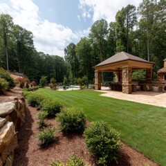 Expansive backyard with lush greenery, swimming pool, and outdoor kitchen area - pool backyard cooking foliage lush