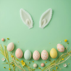 Pastel Easter Bunny Ears and Decorated Eggs on Mint Green Background