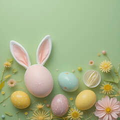 Pastel Easter Bunny Ears and Decorated Eggs on Mint Green Background