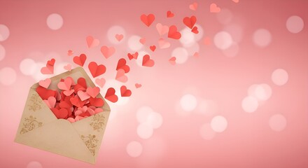 Romantic envelope overflowing with paper hearts on soft pink backdrop