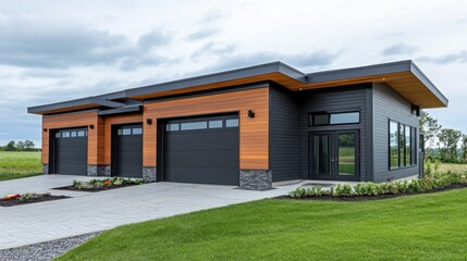 Fototapeta premium Modern Three Car Garage Home with Wood and Stone Exterior