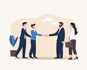 New Employee Onboarding and Orientation Training, Business Manager Handshake with New Hire, Team Introduction in Office Setting, Flat Minimalist Vector Illustration