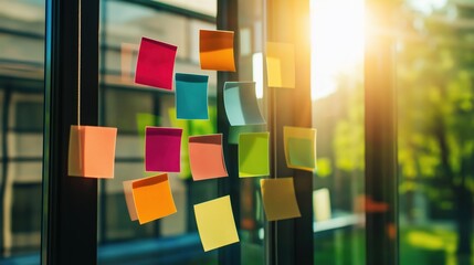 Sticky notes on glass with sunrise in modern room