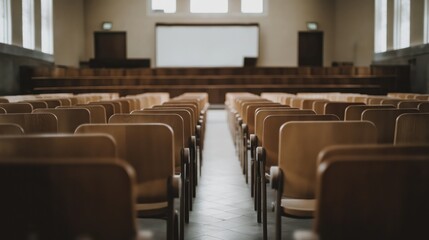 Large lecture hall with wooden seats and projector screen