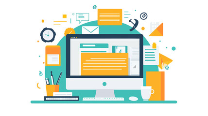 Fototapeta premium Flat Design Vector Illustration of Website Content Management System with Desktop Computer, Files, and Office Items