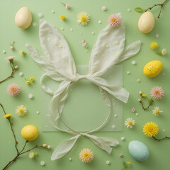 Pastel Easter Bunny Ears and Decorated Eggs on Mint Green Background
