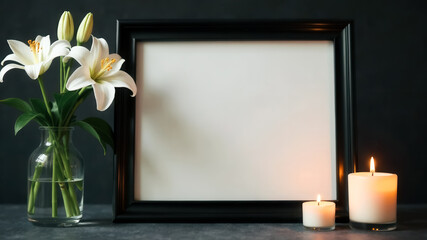 Black empty photo frame with white lilies and burning candles on a table on dark home background. Mockup of funeral service. Memorial day. Mourning death. Remembrance day. Memory of dead, deceased. © Hanna