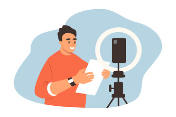 vector flat style illustration on the theme of blogging, shooting video content. man blogger shoots video on a smartphone.
