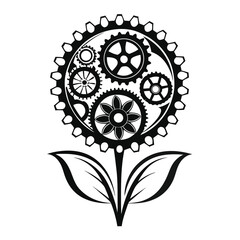 Black and White Gear Flower Blossom With Leaves, Abstract Mechanical Design Element