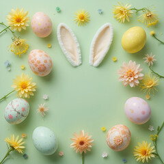 Pastel Easter Bunny Ears and Decorated Eggs on Mint Green Background