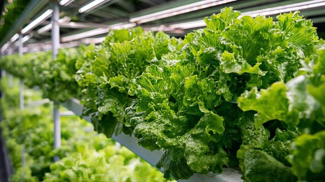 Lettuce in the farm: Lush green lettuce crops flourish in a hydroponic farm setting. Capturing sustainable agriculture and fresh, healthy food.