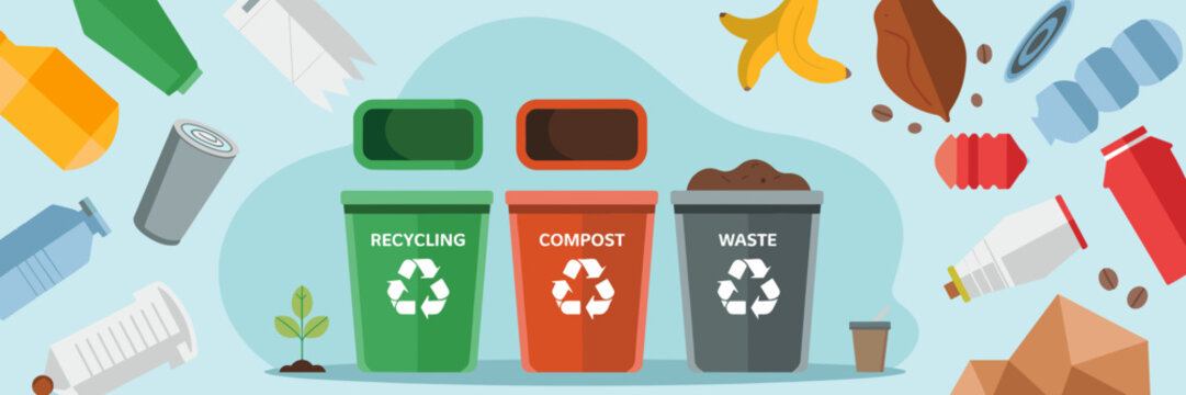 Colorful recycling and waste management icon set with bins and recyclable materials – Suitable for eco-friendly campaigns, environmental awareness, or green living content.