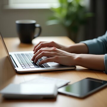 Hands Typing on Laptop &ndash; Remote Work Scene with Natural Lighting