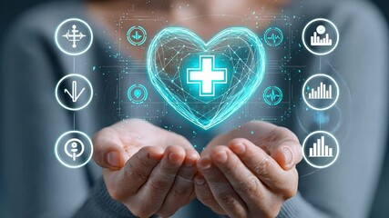Digital Health: A visual representation of healthcare, with a glowing heart symbol representing well-being, held within hands, surrounded by digital icons.