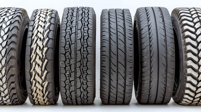 A diverse collection of deep rugged tire treads showcasing the durable design and traction capabilities of heavy duty truck tires