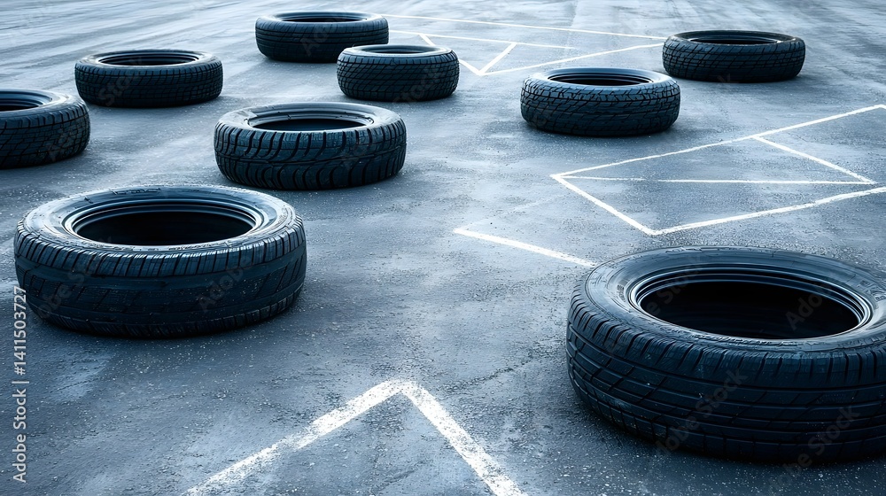 Aufkleber A set of used tires arranged in a visually striking geometric pattern creating a minimalist and abstract design on a concrete surface