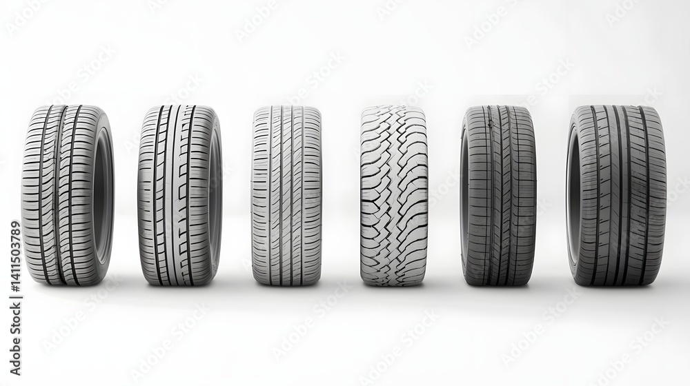 Poster an arrangement of different tire tread patterns showcased in a clean minimalist and composition on a
