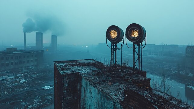 Air raid sirens frozen in time atop a burnt building