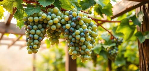 Fototapeta premium Luscious green grapes glistening with morning dew hang heavy from a rustic wooden arbor, shadow, sunlight