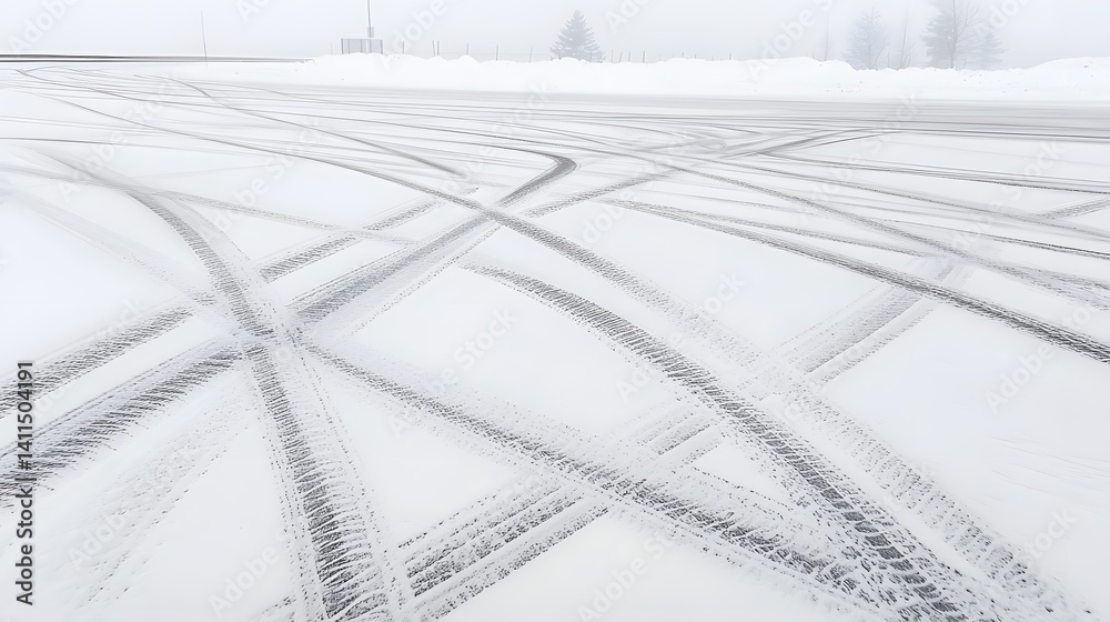 Poster Interwoven patterns of tire tracks in the pristine snow create a serene and minimalist winter scene in a remote snow covered environment