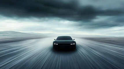 Fototapeta premium A single, futuristic vehicle speeding down a barren, empty road under a muted sky.