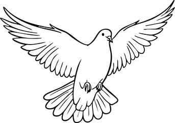 Obraz premium Elegant dove in flight with outstretched wings is depicted in a black and white line drawing great for design and artistic projects.