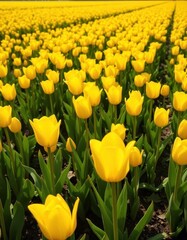 Fototapeta premium Vibrant yellow tulips in a sprawling field, bathed in sunlight, bright, blossom