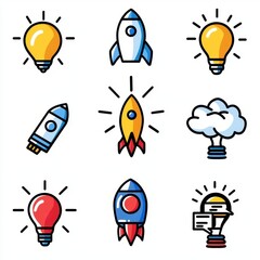 Colorful Icons of Light Bulbs and Rockets for Creative Inspiration