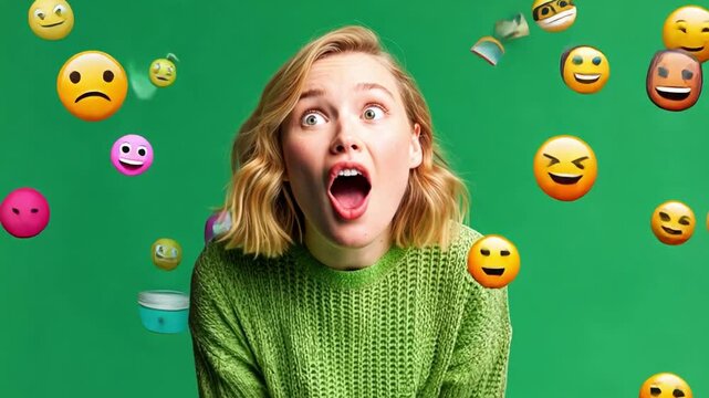 Emoji Overload: Capturing the raw emotion of shock and awe as a woman is overwhelmed by an explosion of vibrant emojis, perfect for illustrating digital communication, reactions, and social media.