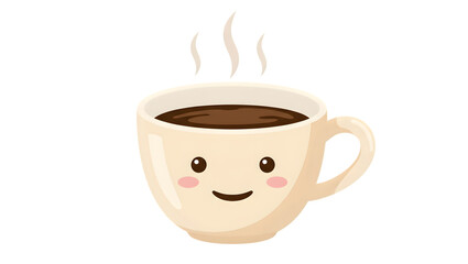 Obraz premium Smiling Coffee Cup: A cheerful cartoon illustration of a steaming cup of coffee, with a whimsical smile and a steaming cup of coffee, a perfect representation of morning energy and good vibes.