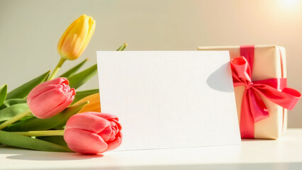 Tulips gift box and white paper sheet blank of invitation card with empty text place. Hello spring. Mockup of gift voucher or certificate the International Womens day. Mothers day. Frame template.