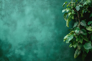 Lush Green Leaves on a Textured Dark Green Wall