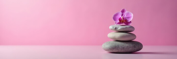 Balanced rock stack, pink orchid against soft pink background , peaceful, harmony, color