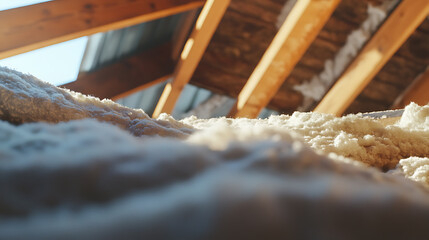 Construction worker placing insulation in an attic. Featuring insulation installation and energy efficiency