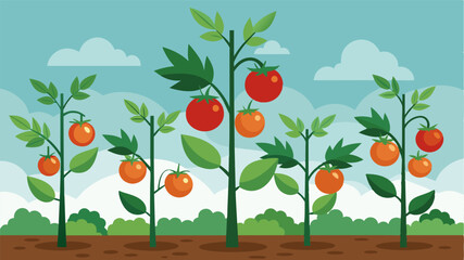 Obraz premium In the field the tomato plants were ly more than shrubs with tiny pale fruit ly clinging to their branches.. Vector illustration