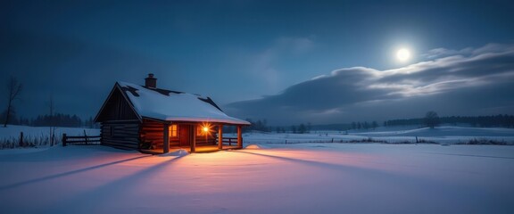 Fototapeta premium Rustic cabin bathed in moonlight, long shadows stretching across snowy ground, shadow, forest