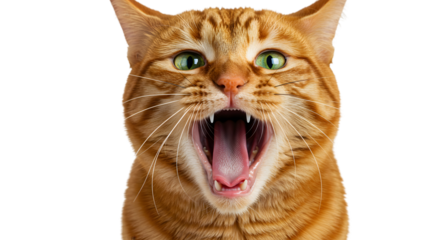 Ginger Cat Yawning: Close-up of an orange tabby cat with wide-open mouth, showcasing pink tongue and sharp teeth. The feline's expression is one of playful surprise or mild annoyance.