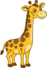 Fototapeta premium Cartoon giraffe standing happily with brown spots on its yellow body, perfect for children's books and educational illustrations.